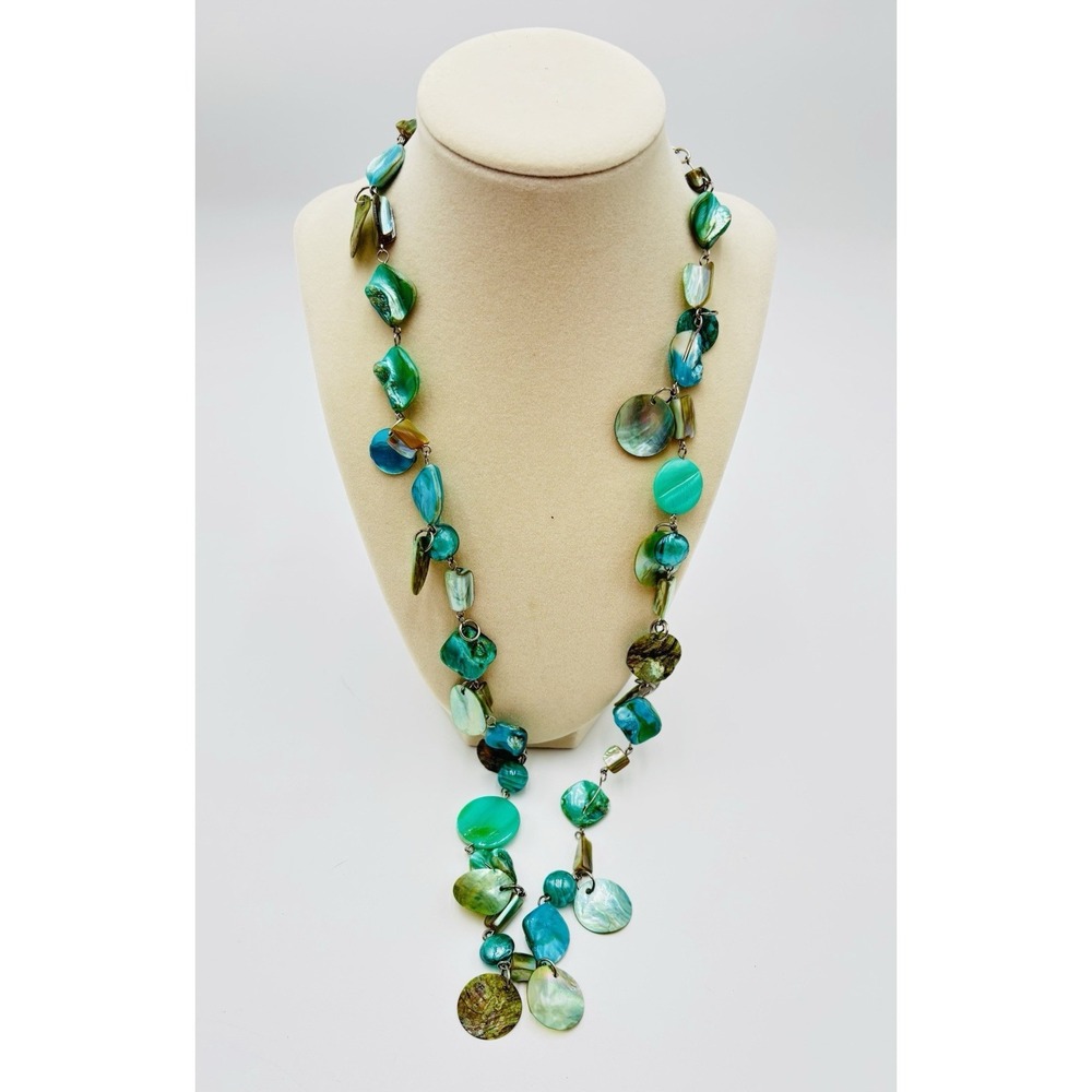 Signed Artisan Shell Necklace Aqua Turquoise Mother of Pearl Boho Statement